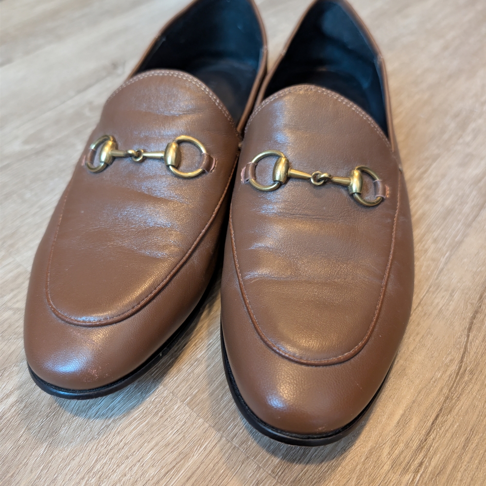 Gucci Brown Leather Loafers with Gold Detailing